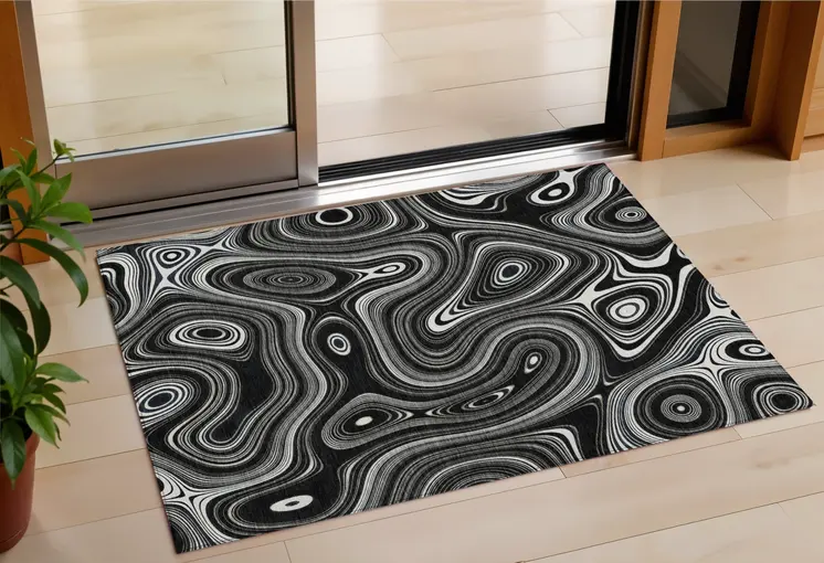 3' X 5' Black And Ivory Geometric Washable Indoor Outdoor Area Rug