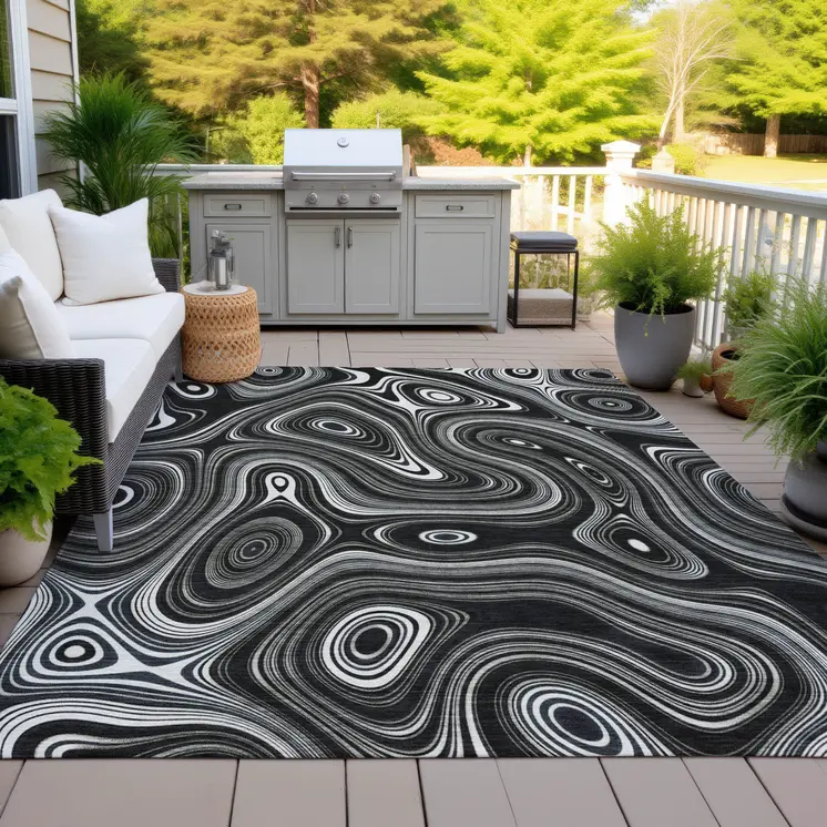 3' X 5' Black And Ivory Geometric Washable Indoor Outdoor Area Rug