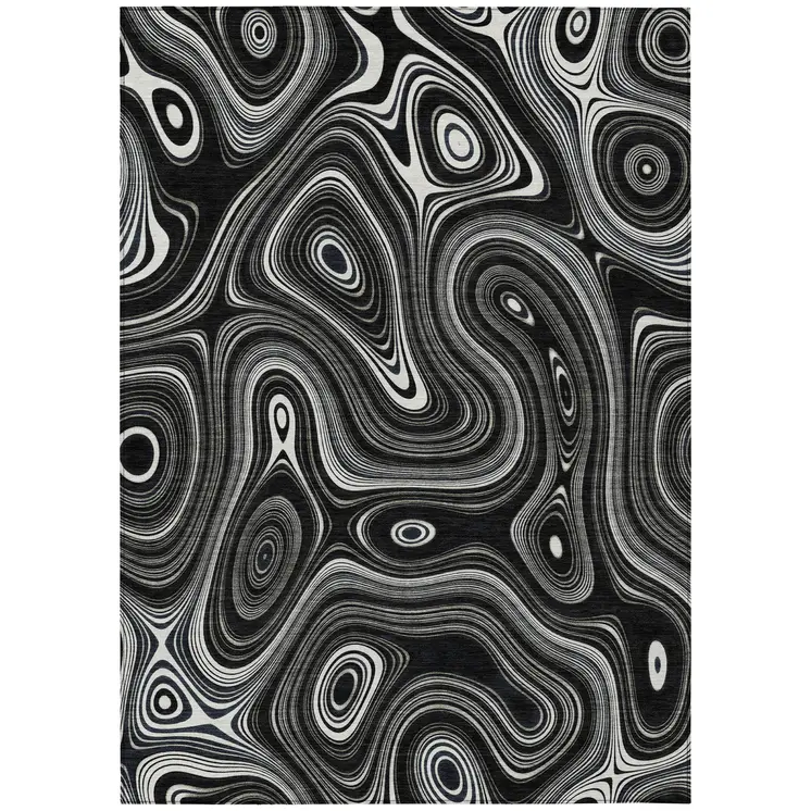 3' X 5' Black And Ivory Geometric Washable Indoor Outdoor Area Rug