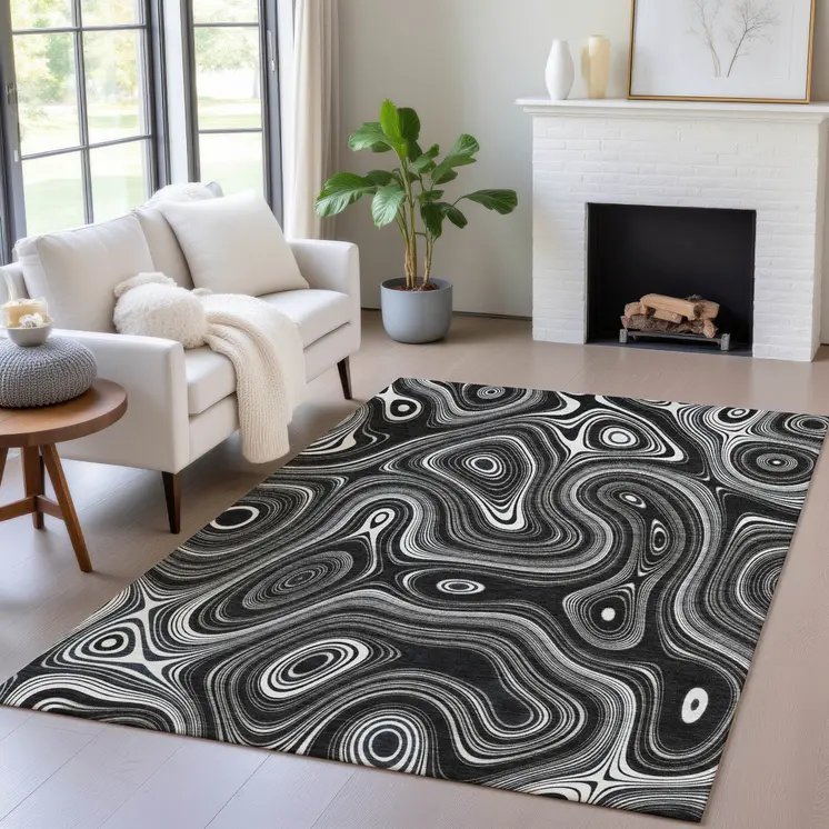 3' X 5' Black And Ivory Geometric Washable Indoor Outdoor Area Rug
