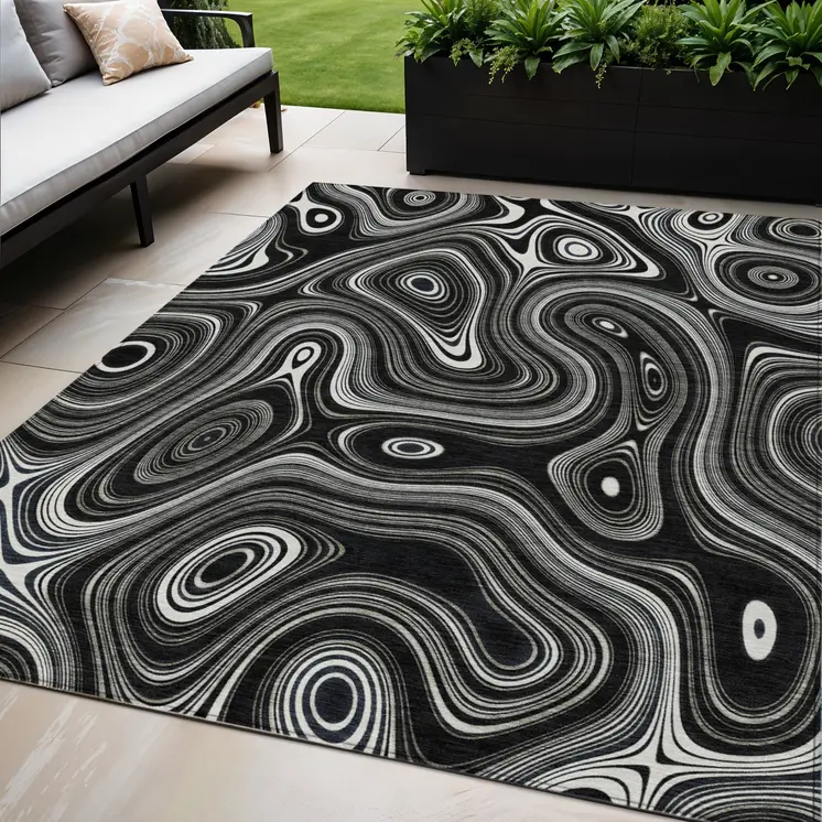 5' X 8' Black And Ivory Geometric Washable Indoor Outdoor Area Rug