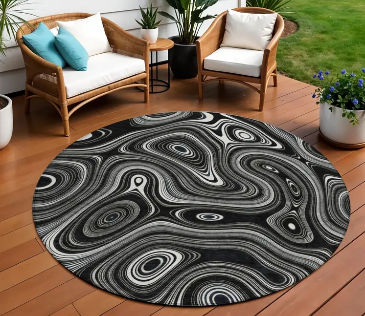 8' Black And Ivory Round Geometric Washable Indoor Outdoor Area Rug