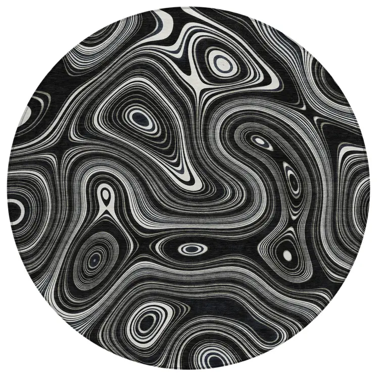 8' Black And Ivory Round Geometric Washable Indoor Outdoor Area Rug