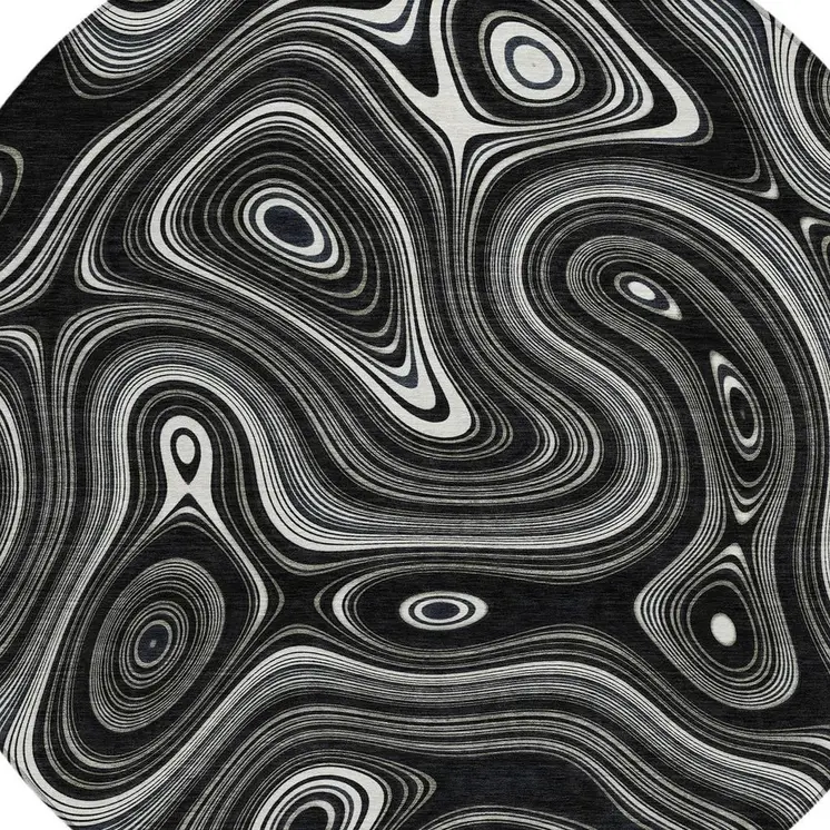 8' Black And Ivory Round Geometric Washable Indoor Outdoor Area Rug