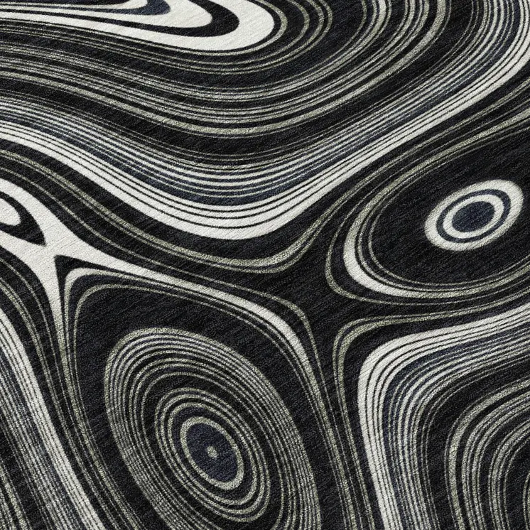 8' Black And Ivory Round Geometric Washable Indoor Outdoor Area Rug