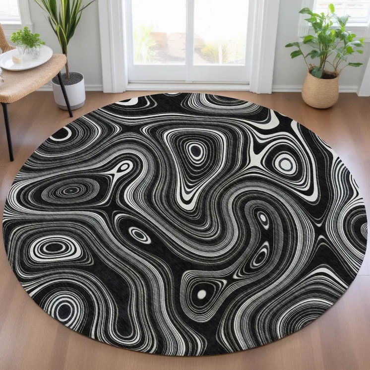 8' Black And Ivory Round Geometric Washable Indoor Outdoor Area Rug
