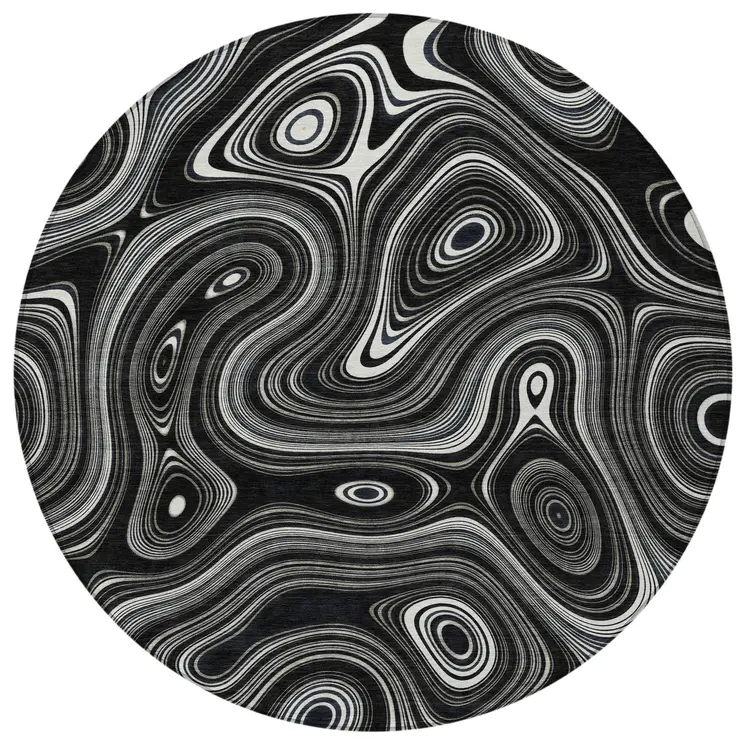 8' Black And Ivory Round Geometric Washable Indoor Outdoor Area Rug