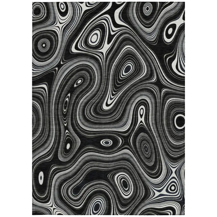 8' X 10' Black And Ivory Geometric Washable Indoor Outdoor Area Rug