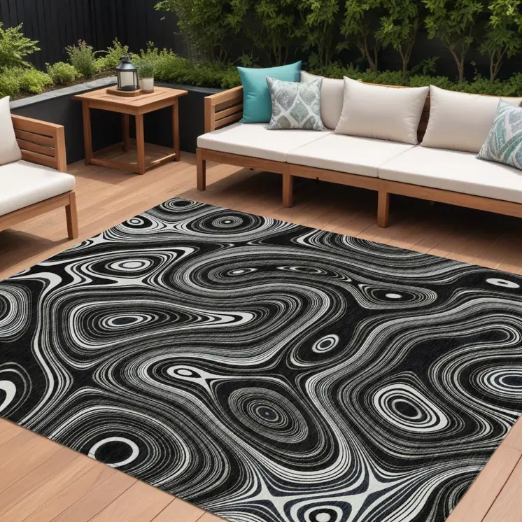 8' X 10' Black And Ivory Geometric Washable Indoor Outdoor Area Rug