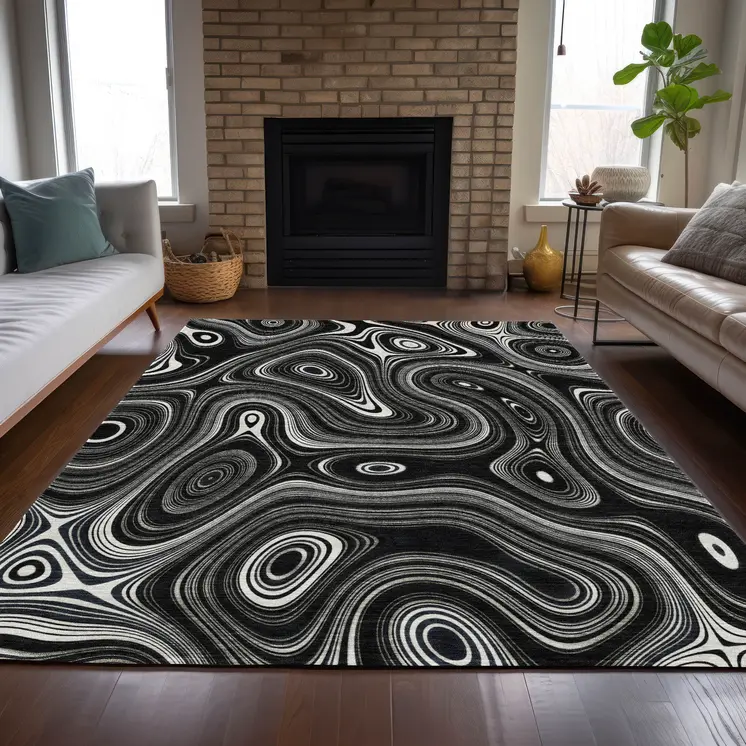 9' X 12' Black And Ivory Geometric Washable Indoor Outdoor Area Rug