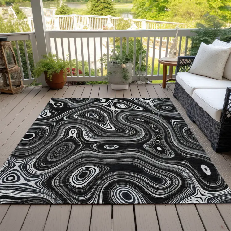 9' X 12' Black And Ivory Geometric Washable Indoor Outdoor Area Rug