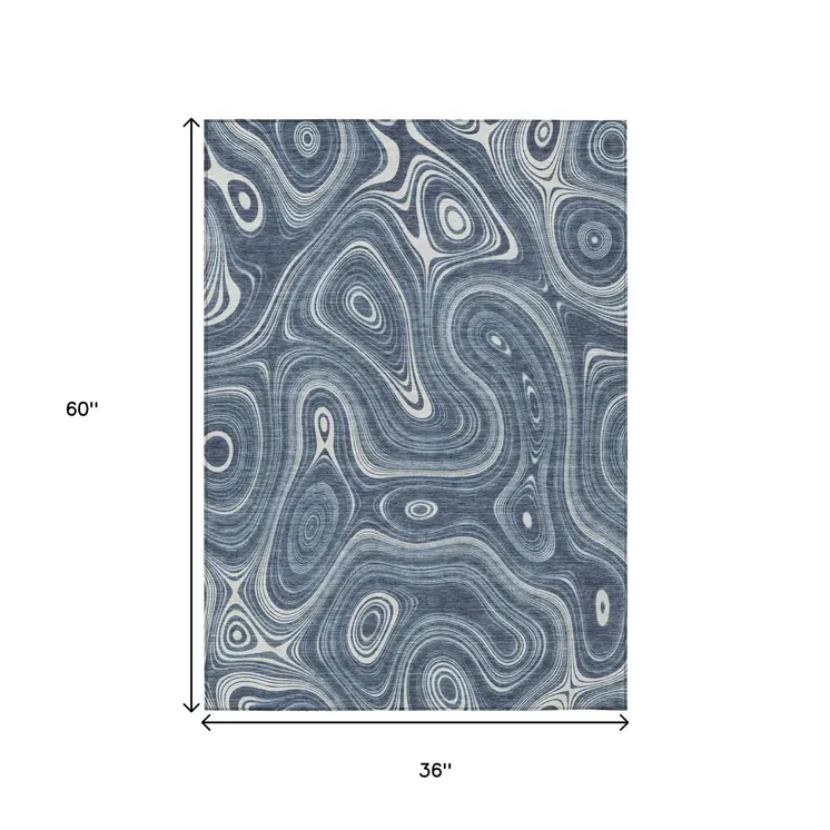 3' X 5' Blue And Ivory Geometric Washable Indoor Outdoor Area Rug