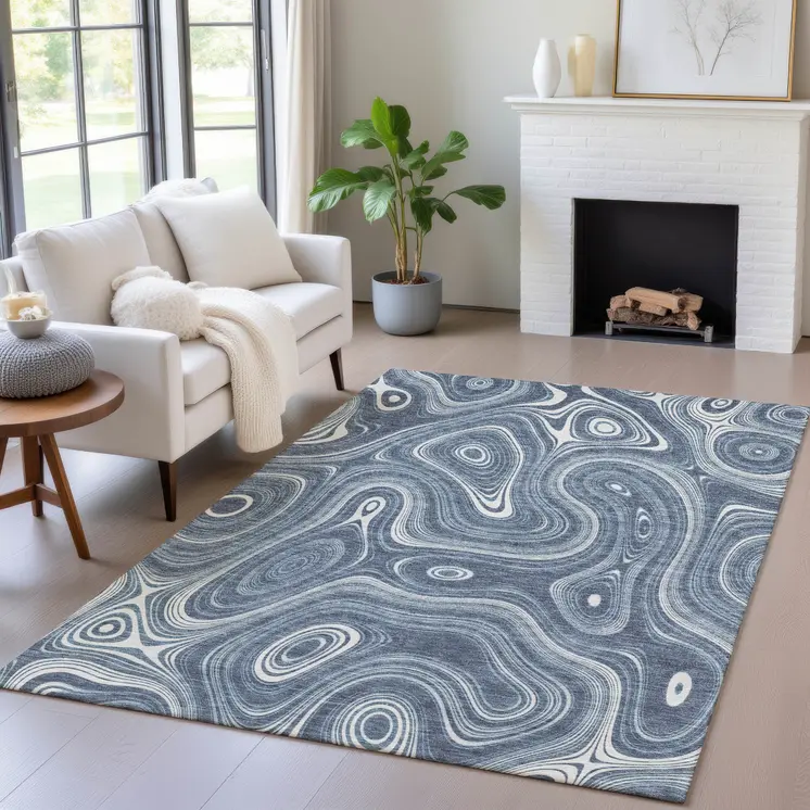 5' X 8' Blue And Ivory Geometric Washable Indoor Outdoor Area Rug