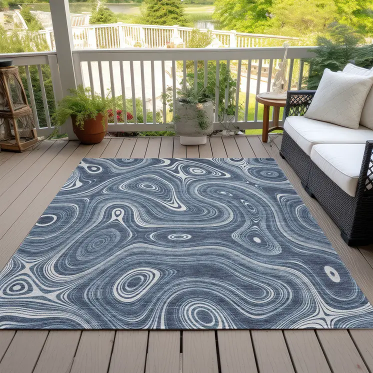 5' X 8' Blue And Ivory Geometric Washable Indoor Outdoor Area Rug