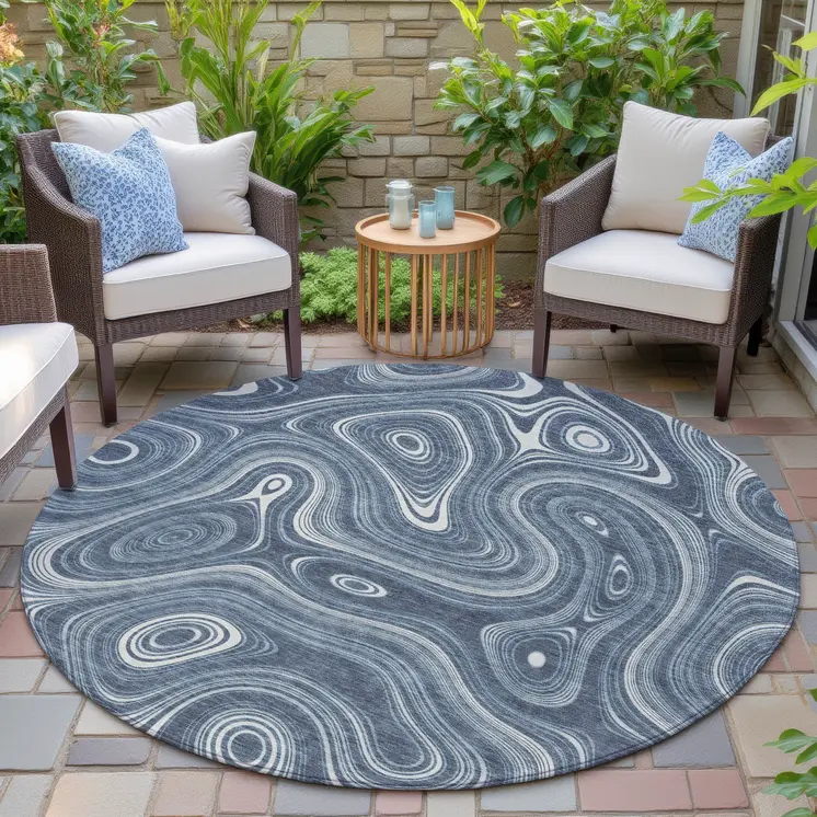 8' Blue And Ivory Round Geometric Washable Indoor Outdoor Area Rug