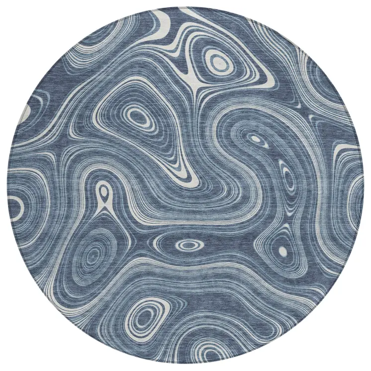 8' Blue And Ivory Round Geometric Washable Indoor Outdoor Area Rug