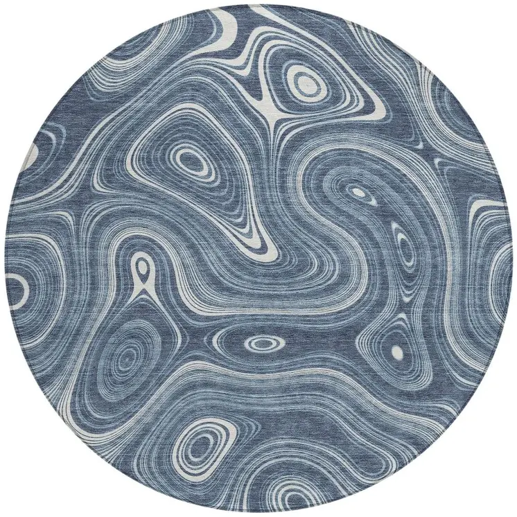 8' Blue And Ivory Round Geometric Washable Indoor Outdoor Area Rug