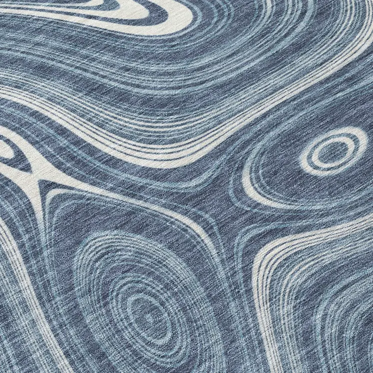 8' Blue And Ivory Round Geometric Washable Indoor Outdoor Area Rug
