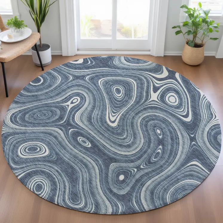 8' Blue And Ivory Round Geometric Washable Indoor Outdoor Area Rug