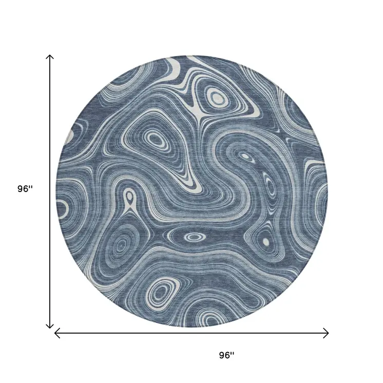 8' Blue And Ivory Round Geometric Washable Indoor Outdoor Area Rug