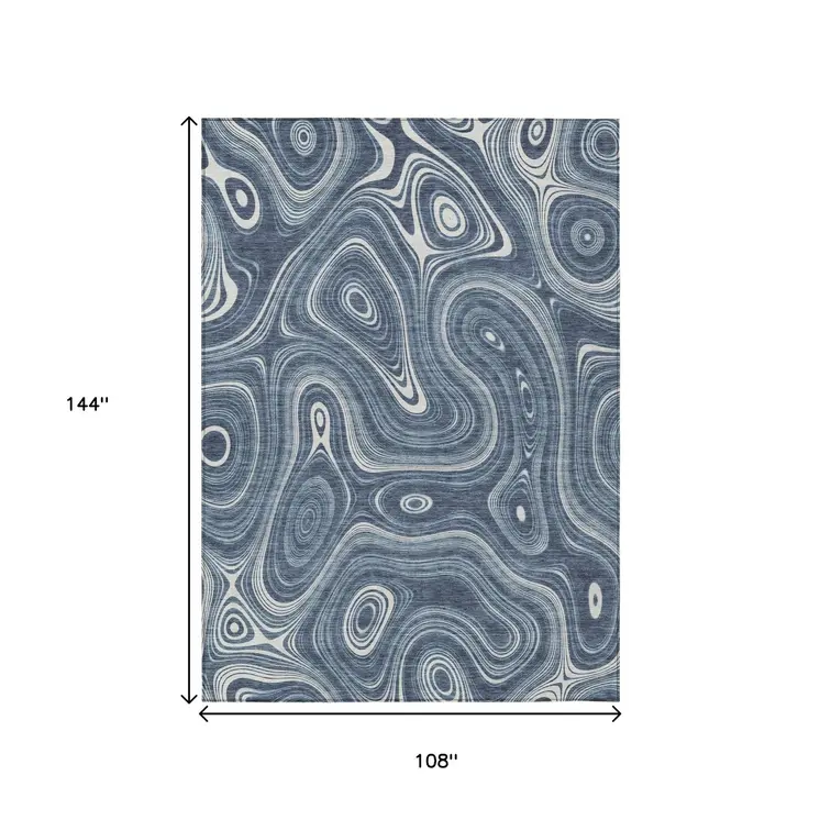 9' X 12' Blue And Ivory Geometric Washable Indoor Outdoor Area Rug