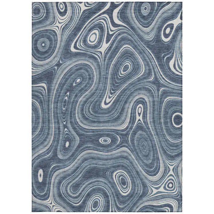 9' X 12' Blue And Ivory Geometric Washable Indoor Outdoor Area Rug