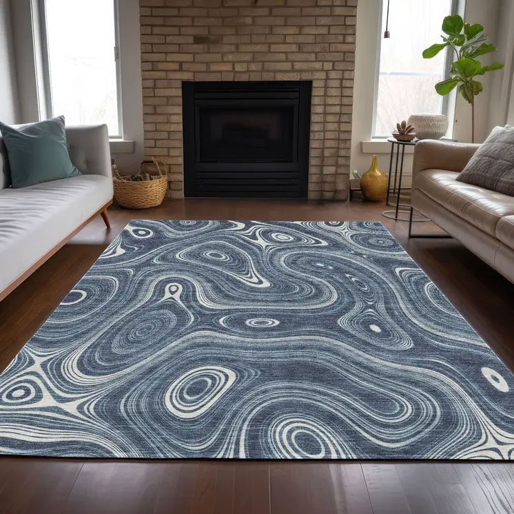 9' X 12' Blue And Ivory Geometric Washable Indoor Outdoor Area Rug