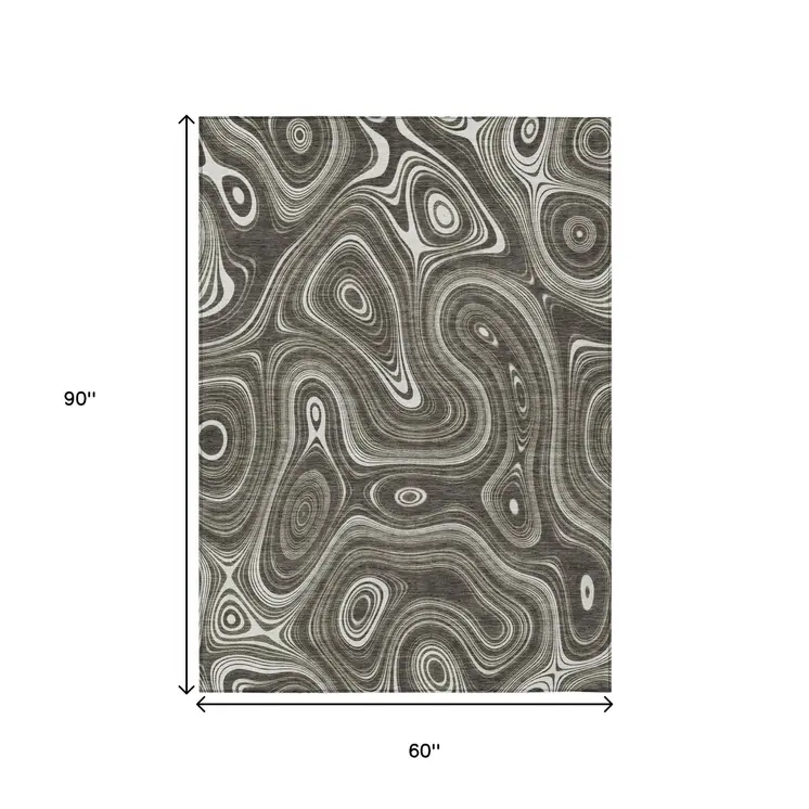 5' X 8' Gray And Ivory Geometric Washable Indoor Outdoor Area Rug