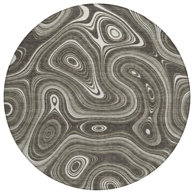 8' Gray And Ivory Round Geometric Washable Indoor Outdoor Area Rug