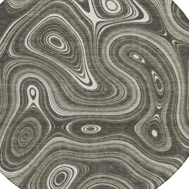 8' Gray And Ivory Round Geometric Washable Indoor Outdoor Area Rug