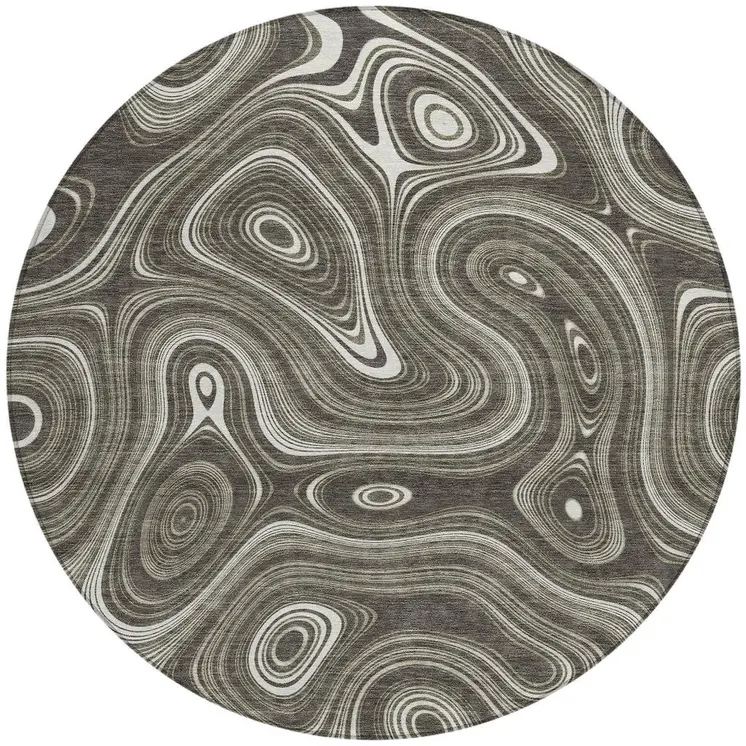 8' Gray And Ivory Round Geometric Washable Indoor Outdoor Area Rug