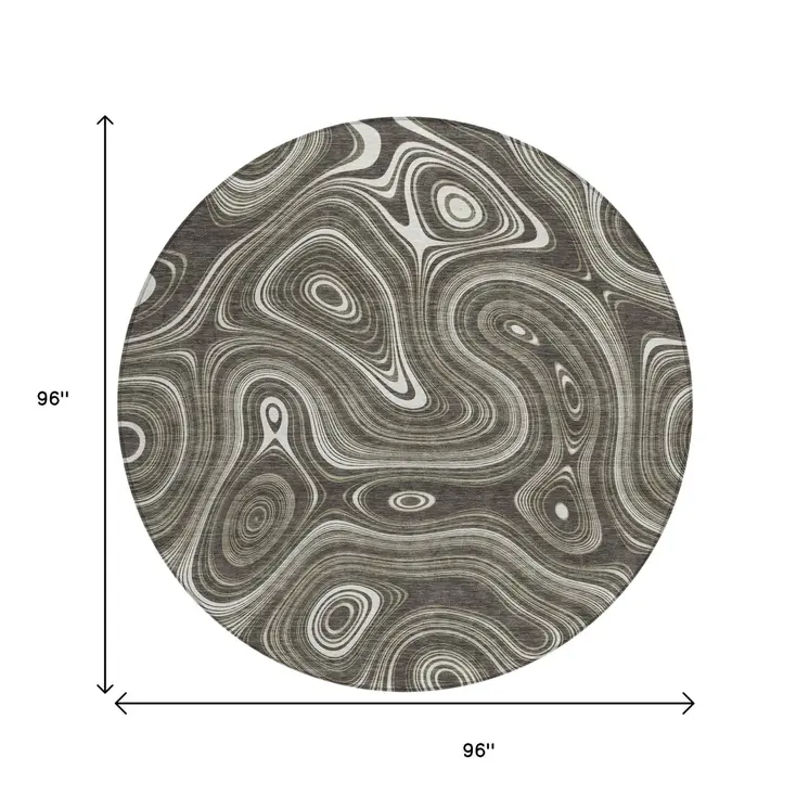 8' Gray And Ivory Round Geometric Washable Indoor Outdoor Area Rug