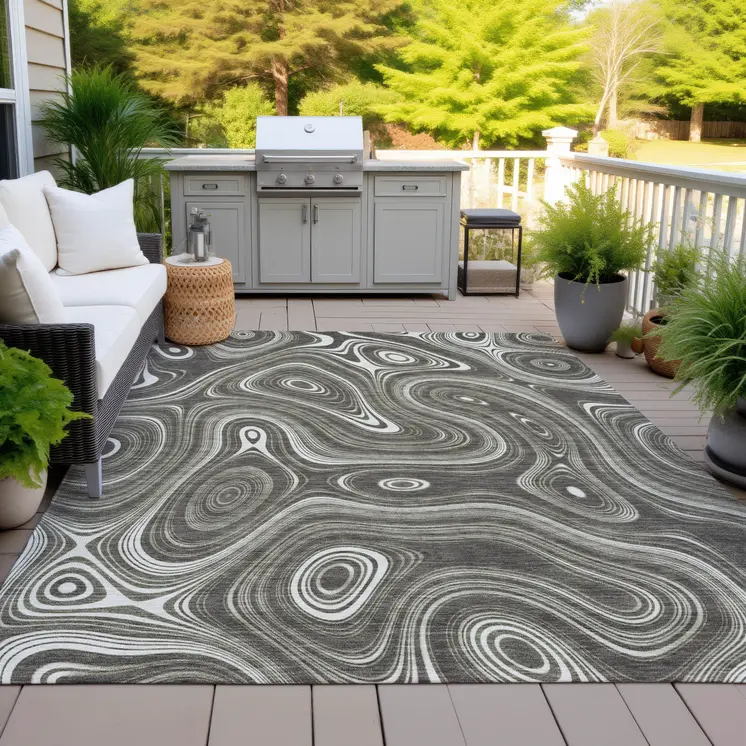 8' X 10' Gray And Ivory Geometric Washable Indoor Outdoor Area Rug