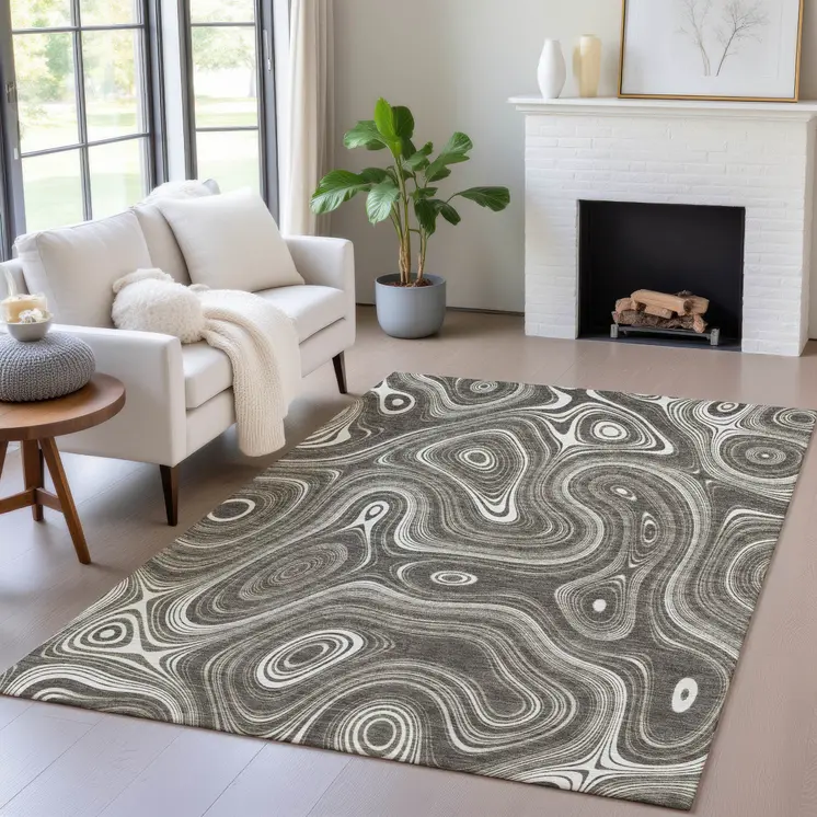 9' X 12' Gray And Ivory Geometric Washable Indoor Outdoor Area Rug