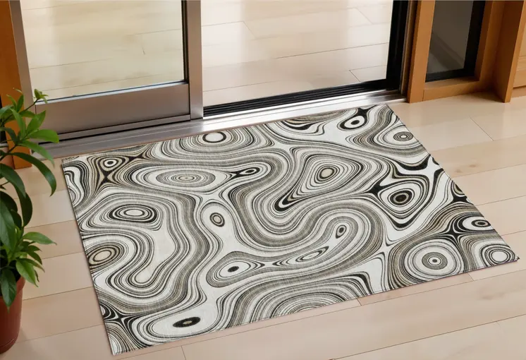 3' X 5' Ivory And Charcoal Geometric Washable Indoor Outdoor Area Rug