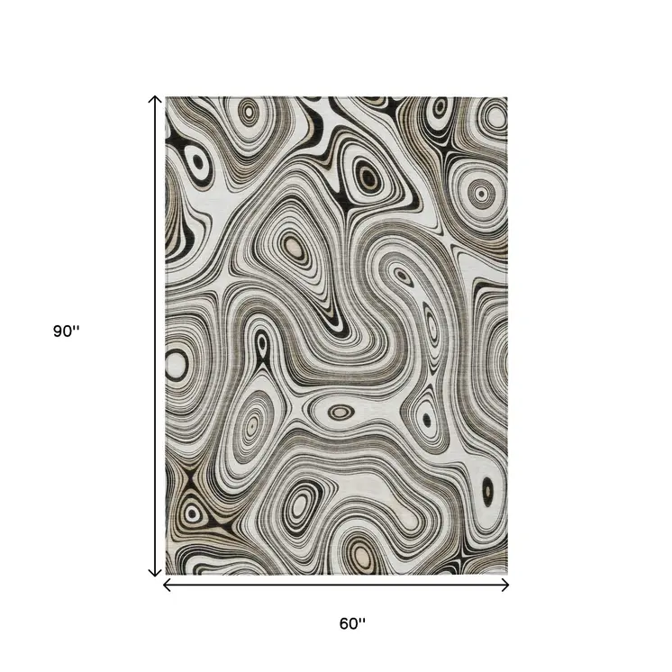 5' X 8' Ivory And Charcoal Geometric Washable Indoor Outdoor Area Rug