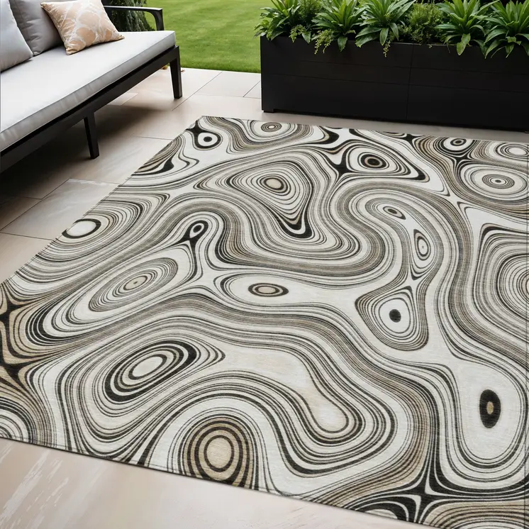 5' X 8' Ivory And Charcoal Geometric Washable Indoor Outdoor Area Rug