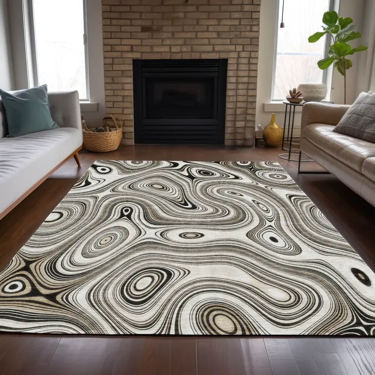 5' X 8' Ivory And Charcoal Geometric Washable Indoor Outdoor Area Rug