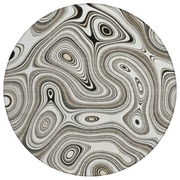 8' Ivory And Charcoal Round Geometric Washable Indoor Outdoor Area Rug