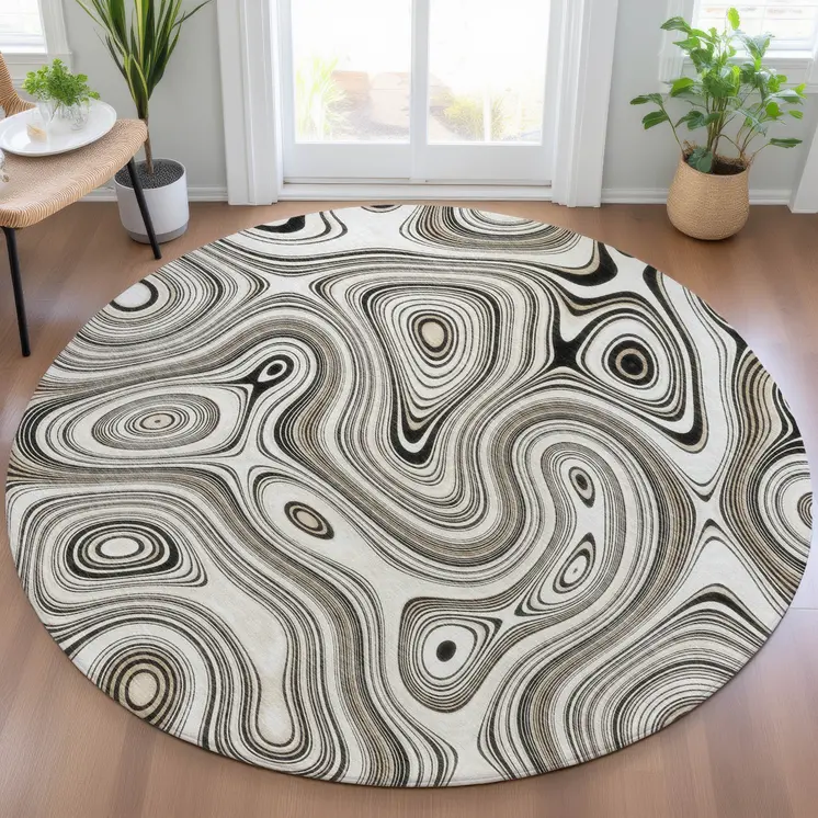 8' Ivory And Charcoal Round Geometric Washable Indoor Outdoor Area Rug