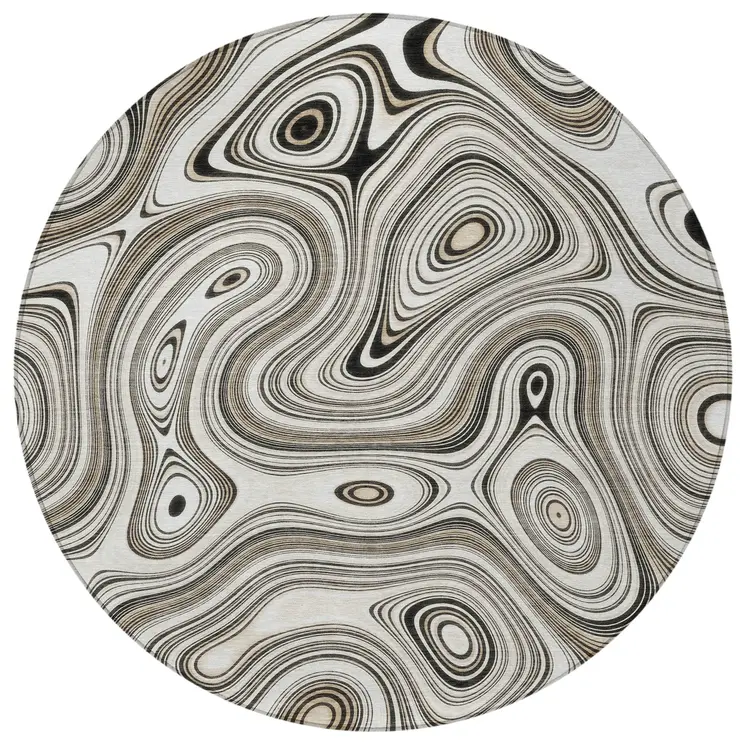 8' Ivory And Charcoal Round Geometric Washable Indoor Outdoor Area Rug