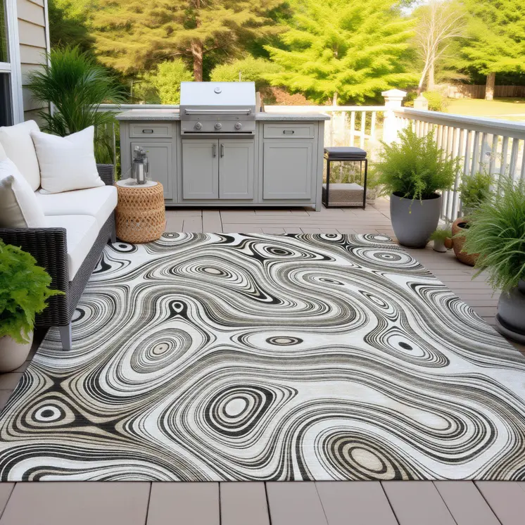 10' X 14' Ivory And Charcoal Geometric Washable Indoor Outdoor Area Rug