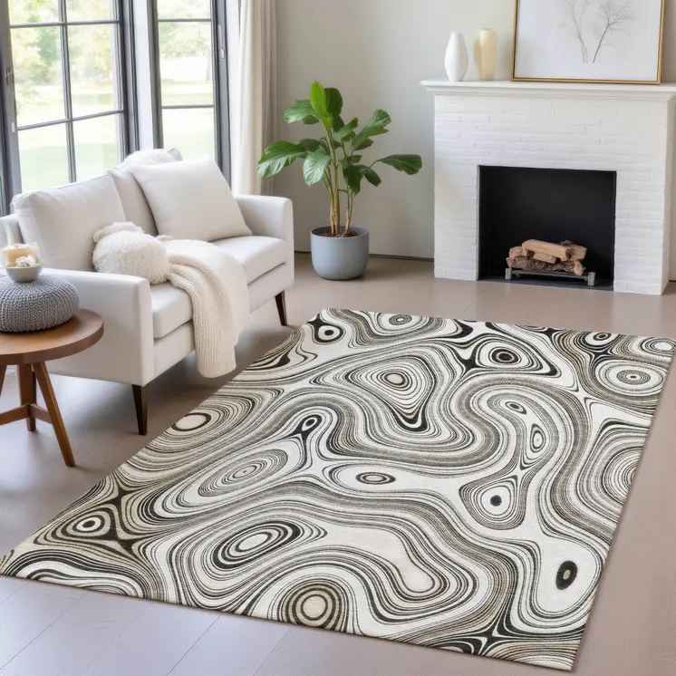 10' X 14' Ivory And Charcoal Geometric Washable Indoor Outdoor Area Rug