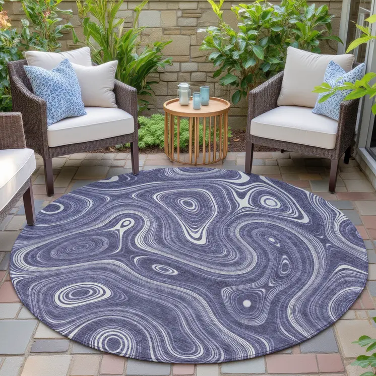 8' Plum And Ivory Round Geometric Washable Indoor Outdoor Area Rug