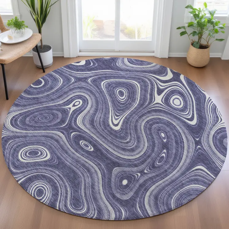 8' Plum And Ivory Round Geometric Washable Indoor Outdoor Area Rug
