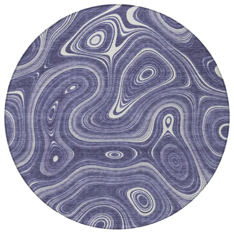 8' Plum And Ivory Round Geometric Washable Indoor Outdoor Area Rug