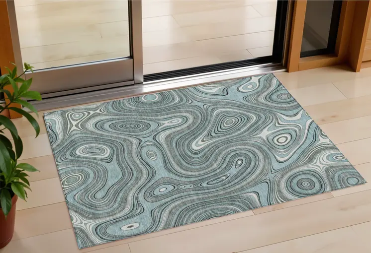 3' X 5' Sky Blue And Gray Geometric Washable Indoor Outdoor Area Rug