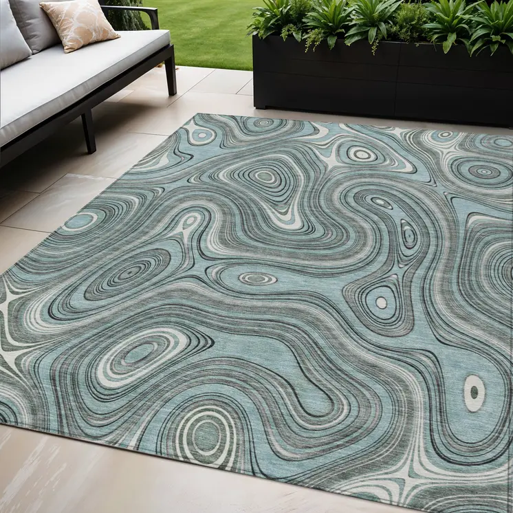 5' X 8' Sky Blue And Gray Geometric Washable Indoor Outdoor Area Rug