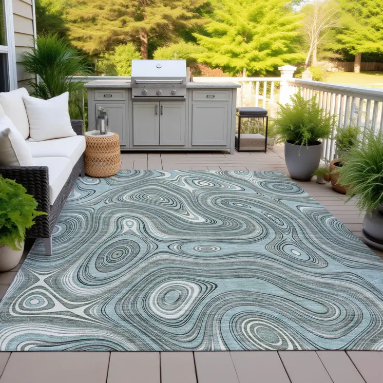 5' X 8' Sky Blue And Gray Geometric Washable Indoor Outdoor Area Rug