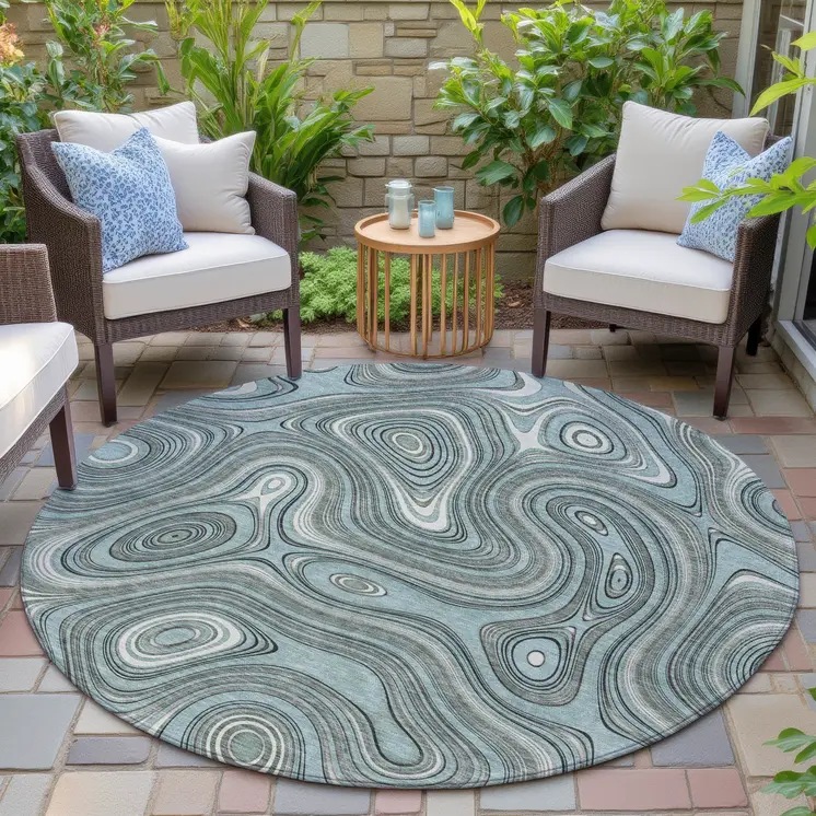 8' Sky Blue And Gray Round Geometric Washable Indoor Outdoor Area Rug